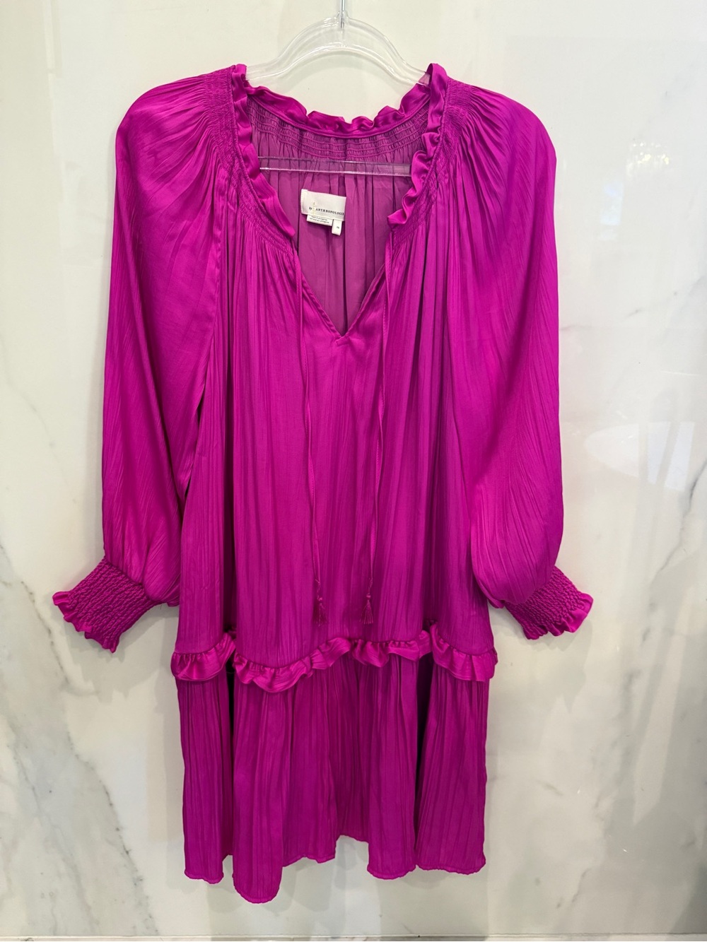 Anthropology Vibrant Magenta Gauze Ruffle Tunic Dress
